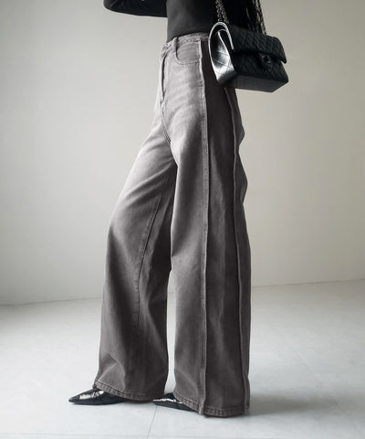 【 ３color ／ ４size 】サイドタック切替ハイウエストストレートデニム ／side tack kirikae highwaist straight denim