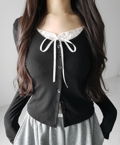 フロントリボンレースレイヤード長袖リブカーディガン ／front ribbon lace layered long-sleeve rib cardigan