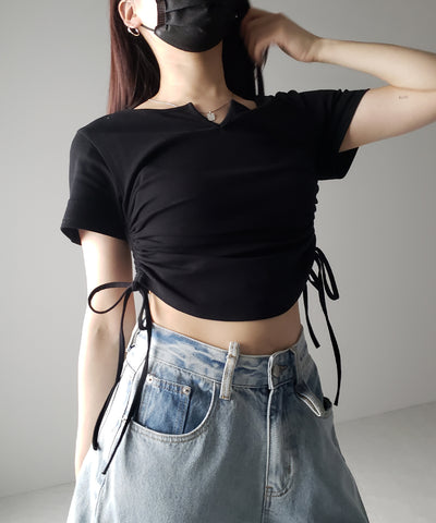 【 ２color 】サイドシャーリングリボン半袖ショートＴシャツ ／ side shirring ribbon short Tee