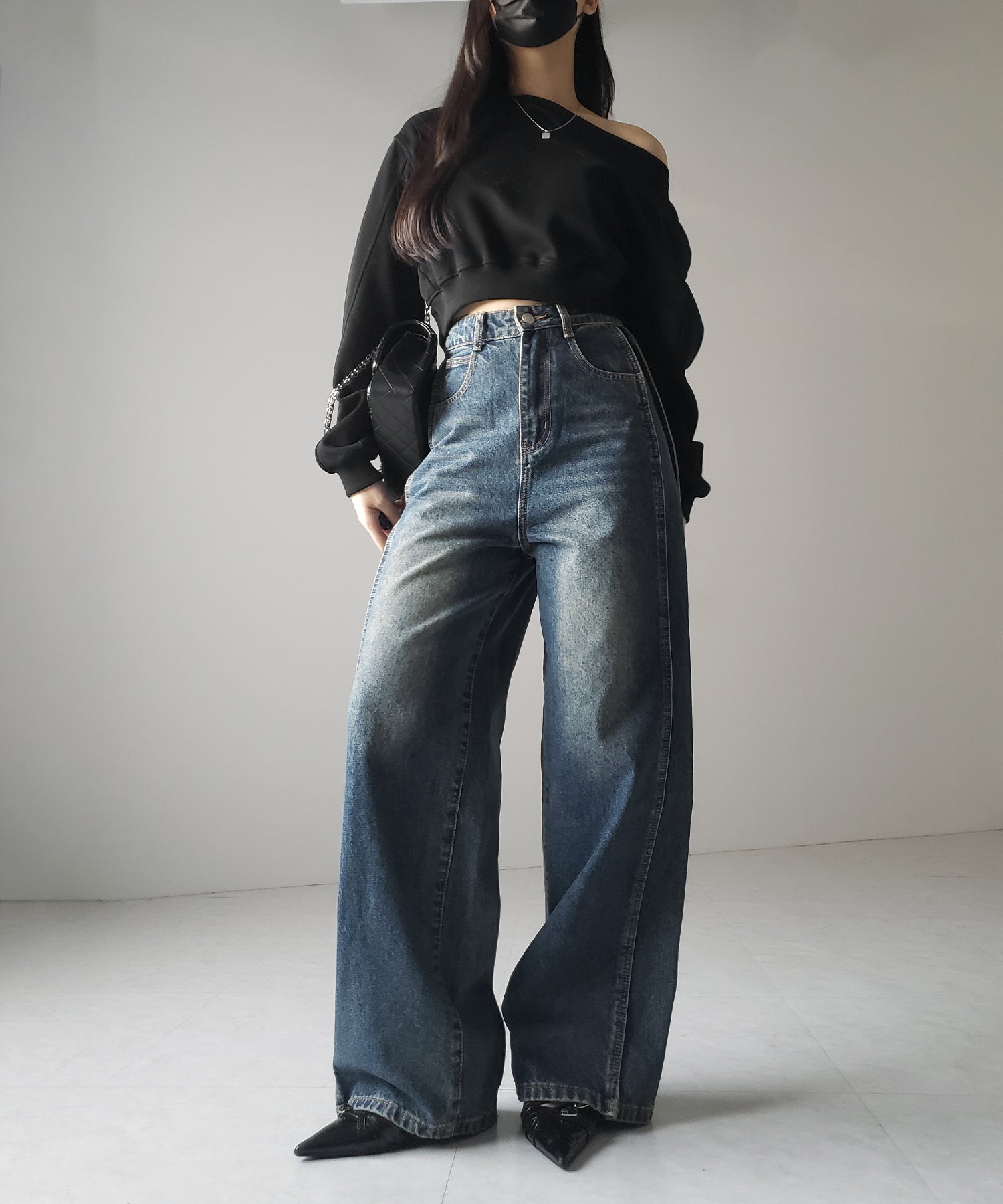 【 ３color ／ ４size 】サイドタック切替ハイウエストストレートデニム ／side tack kirikae highwaist straight denim