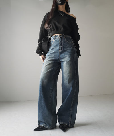 【 ３color ／ ４size 】サイドタック切替ハイウエストストレートデニム ／side tack kirikae highwaist straight denim