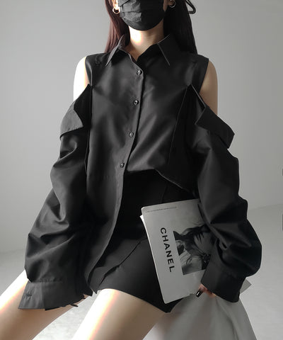 【 ３color 】オープンショルダーカットアウトビッグシャツ ／ open shoulder cutout big shirt