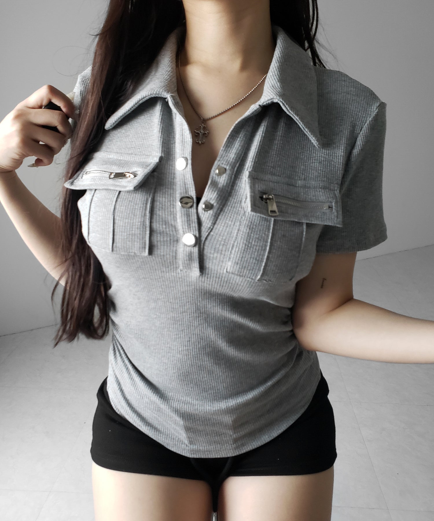 アウトポケットポロネックリブカットソートップス ／ out pocket polo neck rib cutsew tops