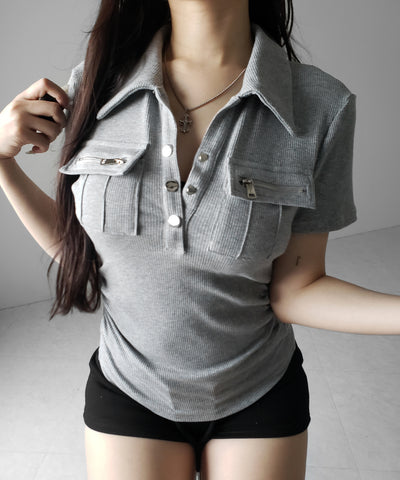 アウトポケットポロネックリブカットソートップス ／ out pocket polo neck rib cutsew tops