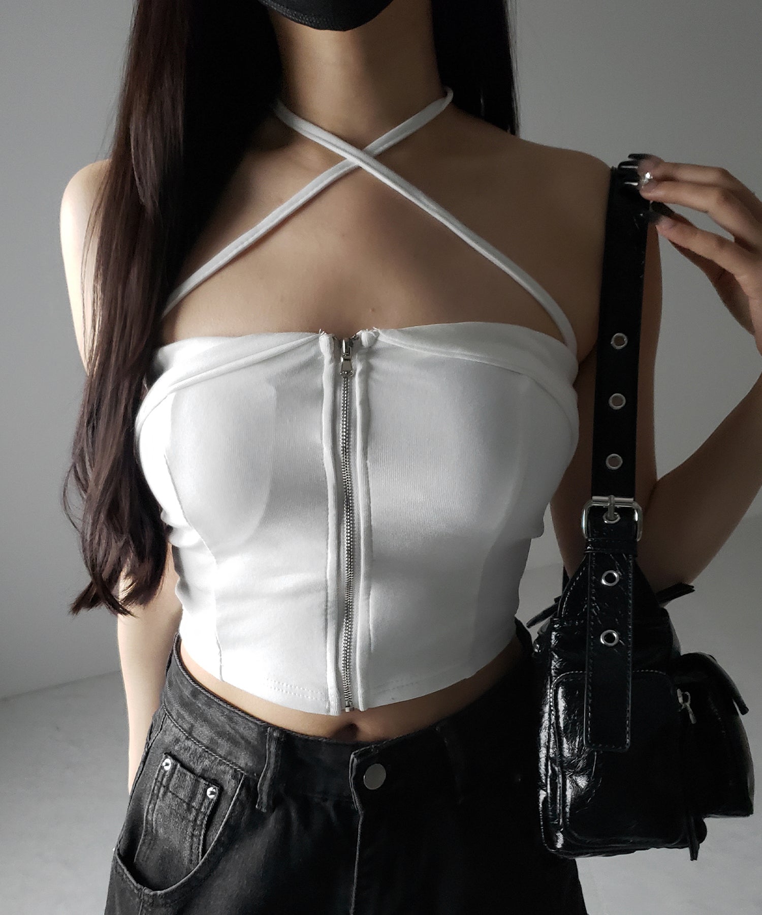 【 カップ付 】ジップアップクロスストラップリボンベアトップス ／ zip up cross strap ribbon bare tops