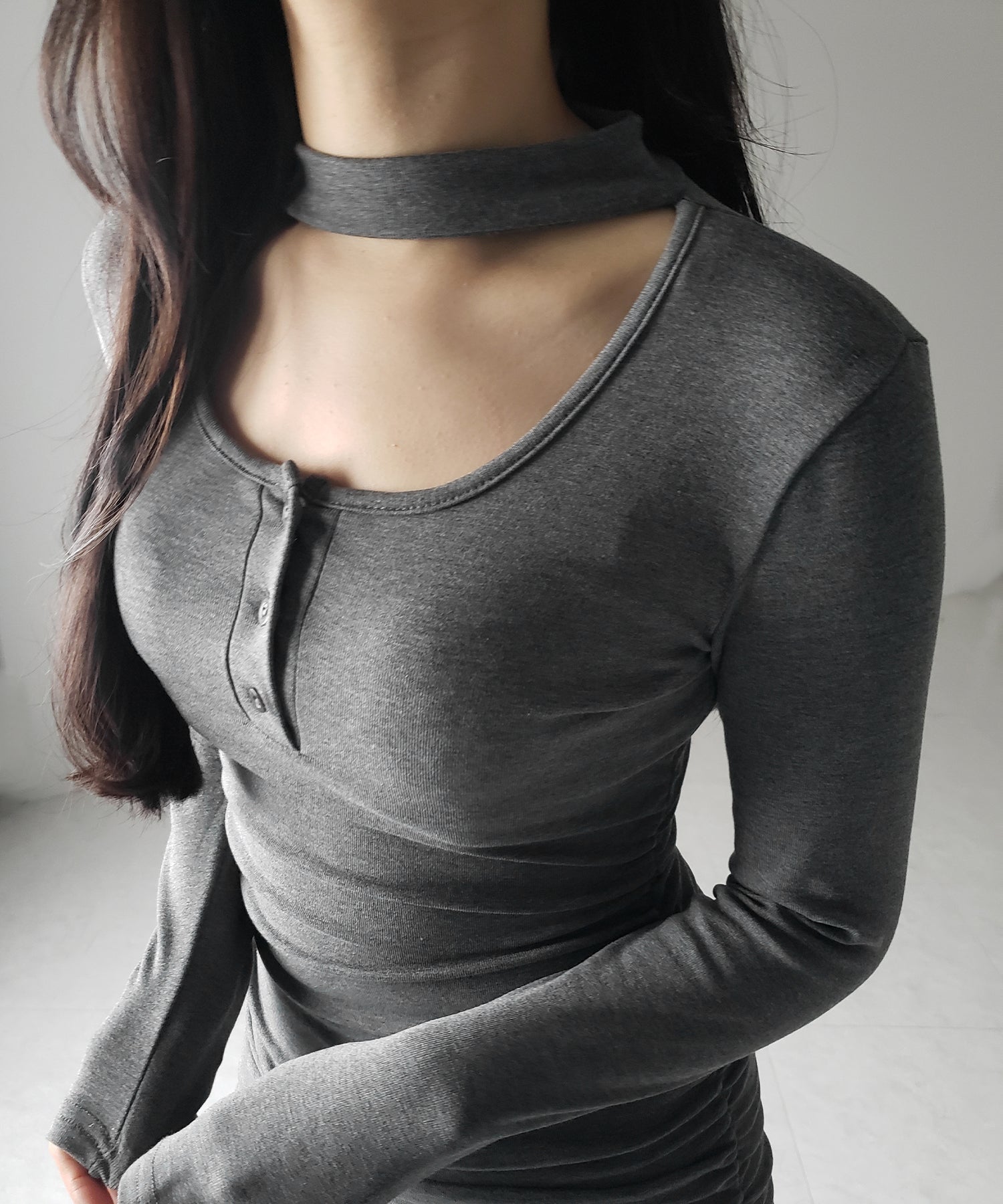 【 ３color ／ 裏起毛 】チョーカーネックシャーリングミニワンピース ／ choker neck shirring mini onepiece