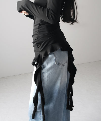 【 ３color 】クロスチョーカーアシンメトリーラッフルフリルトップス ／ cross choker asymmetry ruffle frill tops