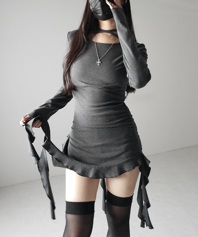 【 ３color 】クロスチョーカーアシンメトリーラッフルフリルトップス ／ cross choker asymmetry ruffle frill tops