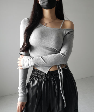 【 裏起毛 ／ カップ付 】サイドシャーリングリボンワンショルトップス ／ side shirring ribbon one shoulder tops