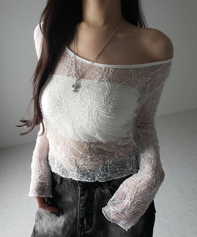 【 ２color ／２WAY 】ワンショルルーズシアーレーストップス ／ one shoulder loose sheer lace tops