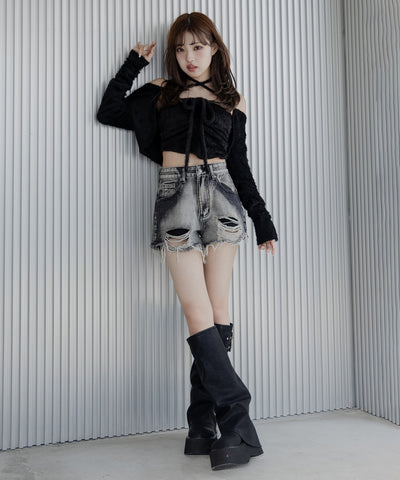 【 ２点セット 】シャギーリボンベアトップス ＆ ショートシャギーカーディガン SET ／ Shaggy ribbon bare tops & short shaggy cardigan