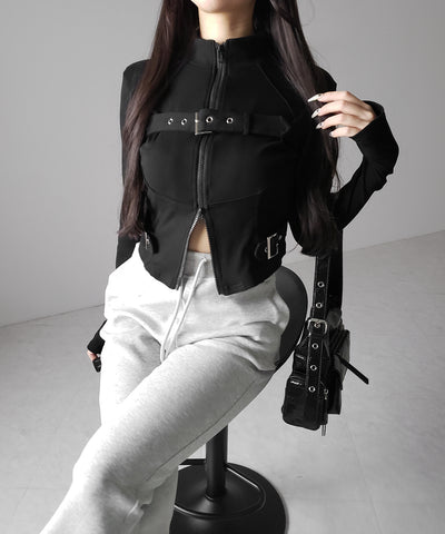 スタンドカラーベルテッドダブルジップスリムトップス ／ stand collar belted double zip slim tops