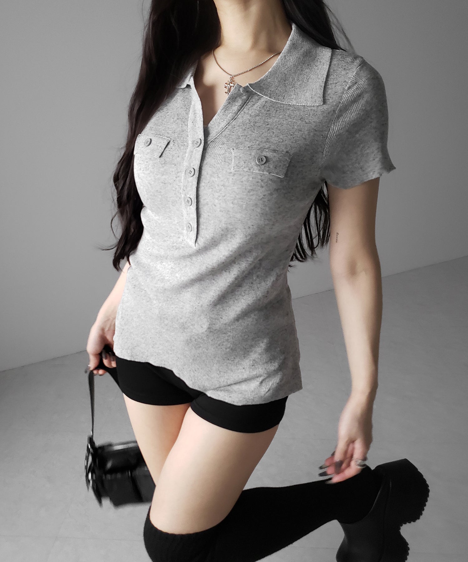 スキッパーボタンロングシアーニットトップス ／ skipper button long sheer knit tops