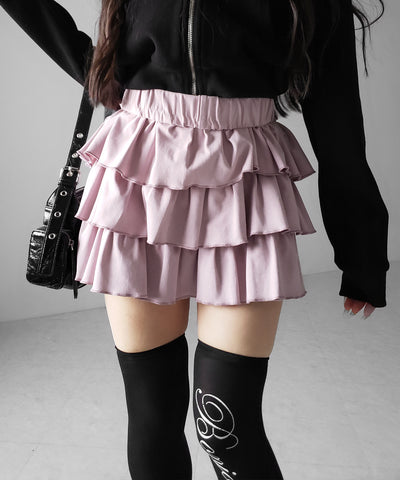 【 新色ピンク追加！４color 】３段フリルカットソーミニスカパン ／ 3 frill cutsew mini skirt pants