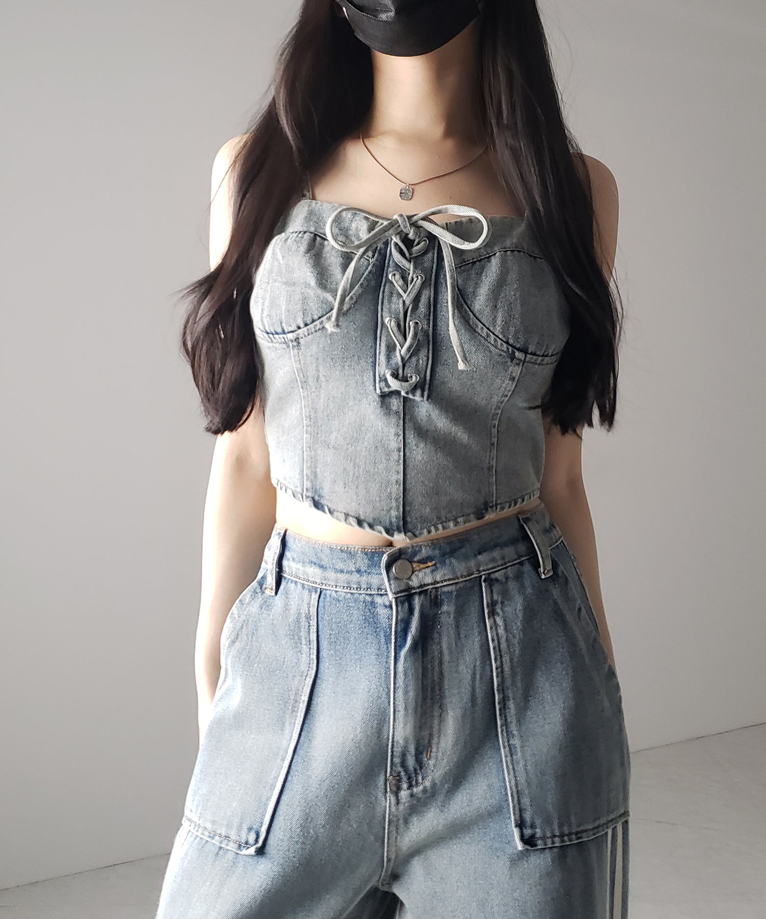 【 ２color 】レースアップリボンコルセットデニムビスチェ ／ lace up ribbon corset denim bustier