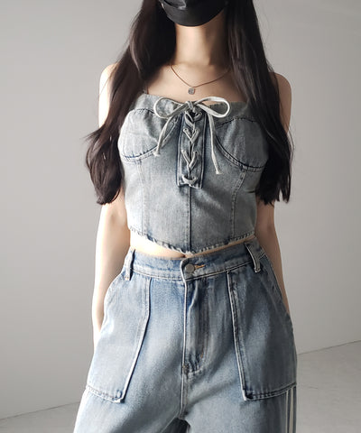【 ２color 】レースアップリボンコルセットデニムビスチェ ／ lace up ribbon corset denim bustier