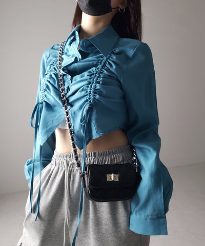 【 ３color 】ダブルリボンシャーリングショートシアーシャツ ／ double shirring ribbon short sheer shirts