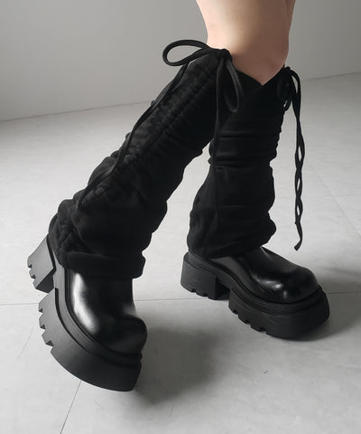 【 ２color 】ストラップリボンサイドシャーリングレッグカバー ／ strap ribbon side shirring leg cover