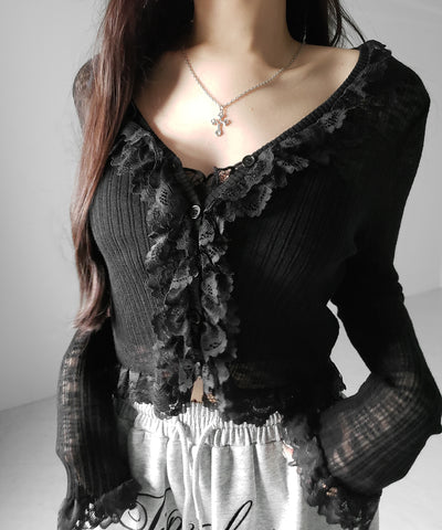 レースフリルシアーニットカーディガン ／ lace frill sheer knit cardigan