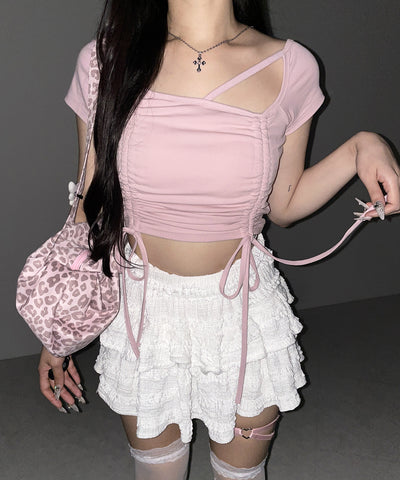 ダブルシャーリングリボンストラップＴシャツ ／ double shirring ribbon strap T-shirts
