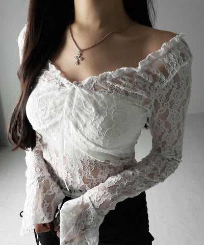 【 ２color ／２WAY 】フロントリボンオフショルスリムレーストップス ／ front ribbon off-shoulder slim lace tops