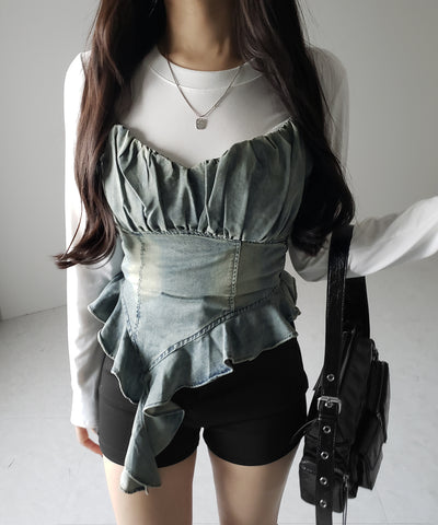 【 ２点セット 】ヴィンテージデニムビスチェ ＆ レイヤードＴシャツセット ／ vintage denim bustier & layered Ｔ-shirts set