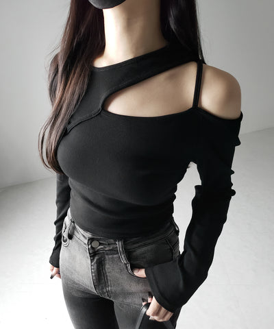 【 ３color 】ショルダーカットアウトストラップリブトップス ／ shoulder cutout strap lib tops