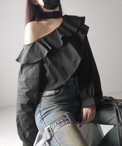 【 ２color 】チョーカーフリルワンショルダーブラウス ／ choker frill one shoulder blouse
