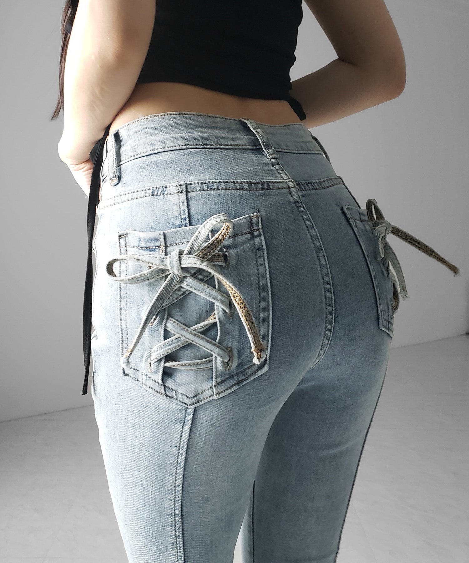 【４size 】バックリボンレースアップ美脚ストレッチフレアデニム ／ back ribbon lace up slim leg stretch flare denim