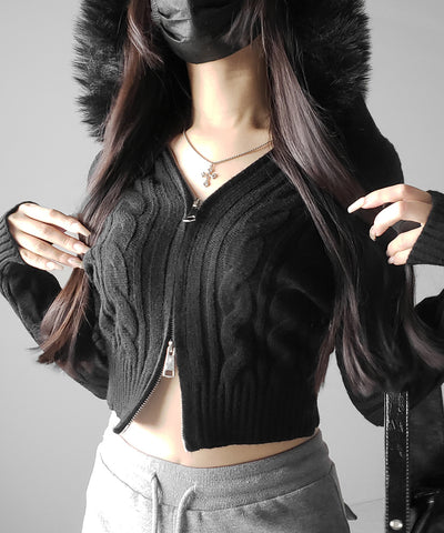 ファーフーディダブルジップショートニットパーカー ／ Fur hooded double zip short knit hoodie