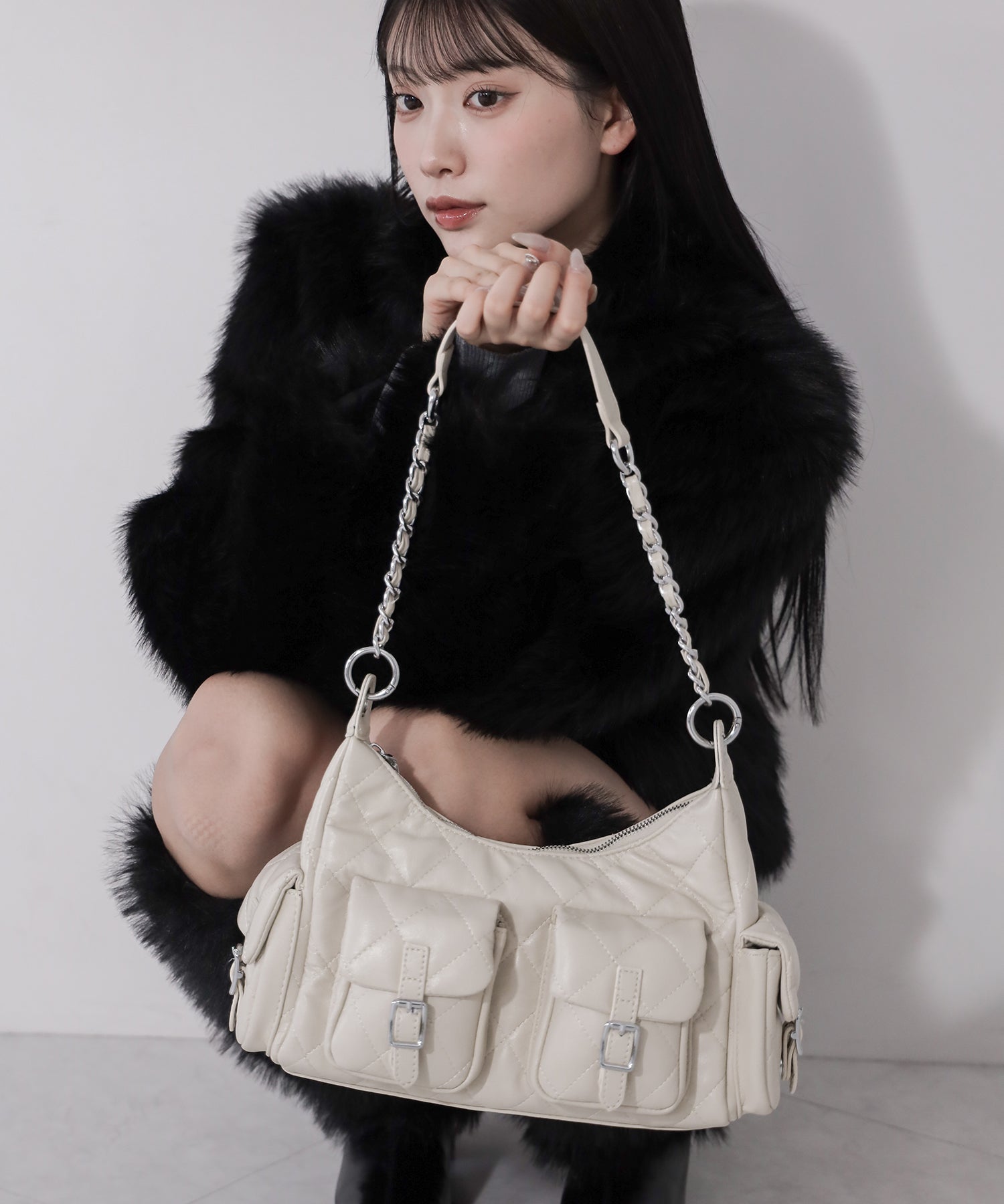 【 ２WAY 】アウトポケットキルティングチェーンショルダーバッグ ／ 2WAY out pocket quilting chain shoulder bag