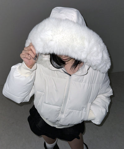 【 フード取り外し可能２ＷＡＹ 】フェイクファーフードショートダウンジャケット ／ 2WAY fake fur hoodie short down jacket