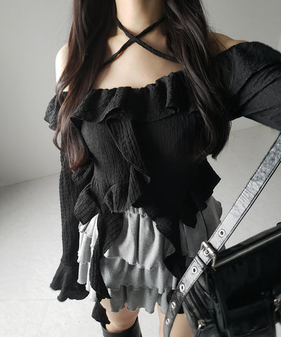 【 ２color 】クロスストラップリボンオフショルダーフリルブラウス ／ cross strap ribbon off shoulder frill blouse