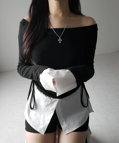 【 ２color ／ ２WAY 】シャツドッキングサイドリボンワンショルトップス ／shirt docking side ribbon oneshoulder tops