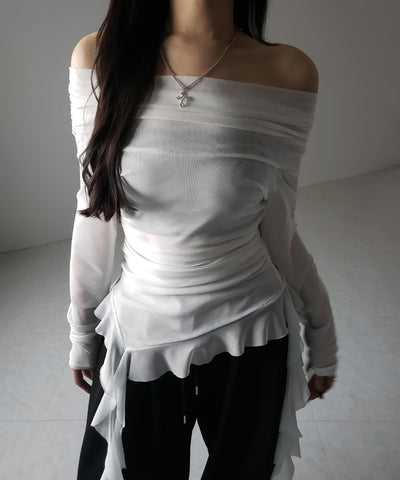 【 ２color 】アシンメトリーフリルオフショルシアートップス ／ asymmetrical frill off-shoulder sheer tops
