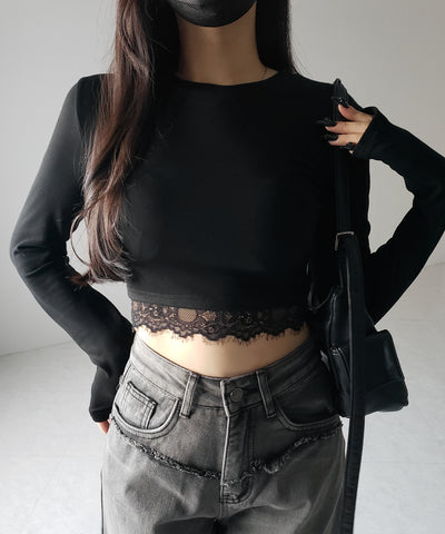 【 裏起毛 】裾レースドッキングショートＴシャツ ／ hem lace docking short Tee