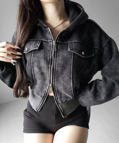 ピグメントダブルジップショートパーカー ／ pigment double zip short hoodie