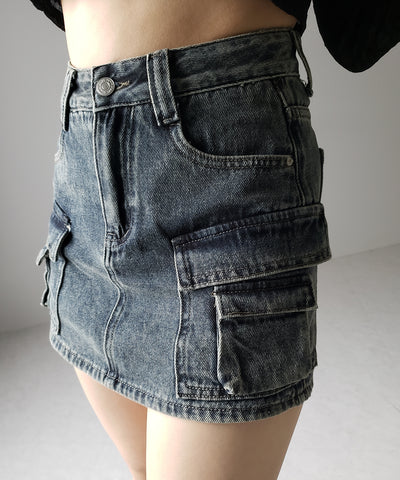 【 ３size ／ ２color 】ダブルポケットヴィンテージカーゴデニムミニスカパン ／ double pocket vintage cargo denim mini skirt pants