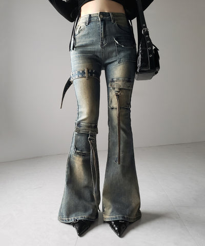 【 ２color ／ ４size 】ベルテッドアウトポケットヴィンテージフレアデニム ／ belted out pocket vintage flare denim