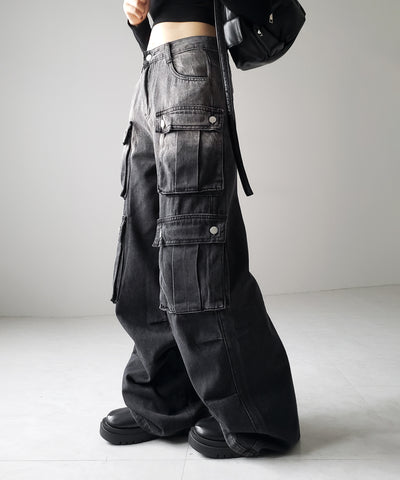 【 ３color ／４size 】オーバーダイグラデーションヴィンテージワイドカーゴデニム ／ overdyed gradation vintage wide cargo denim