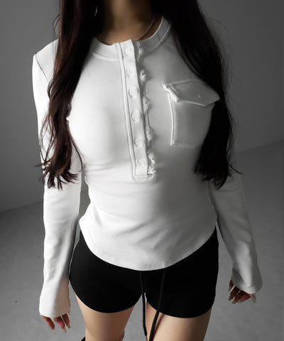 【 裏起毛 】レースドッキングヘンリーネックトップス ／ lace docking henley neck tops