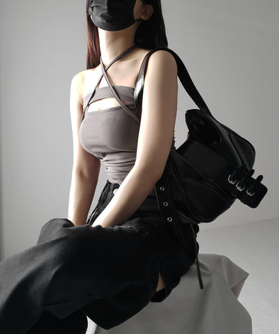 【 カップ付き ／ ２WAY 】クロスストラップリボンカットアウトショートキャミソール ／ cross strap ribbon cutout short camisole