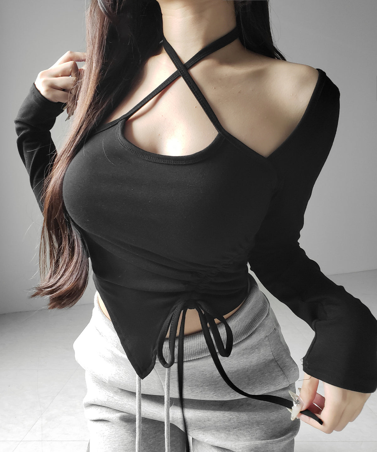 クロスリボンスクエアネック長袖Ｔシャツ ／ cross ribbon square neck long sleeve T-shirts