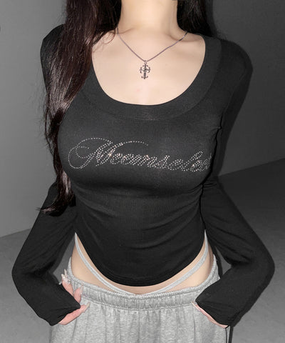 ラインストーンロゴスリムフィットロンT ／ Rhine stone logo slim fit long sleeve T-shirts