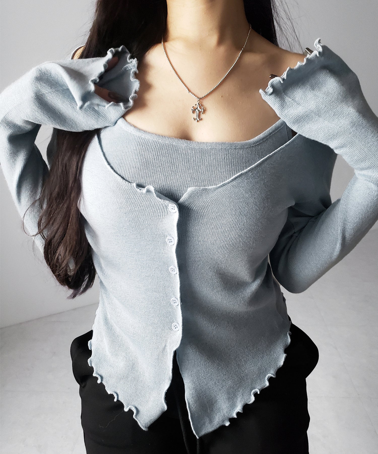 レイヤード風メロースリムニットカーディガン ／ layered mellow slim knit cardigan