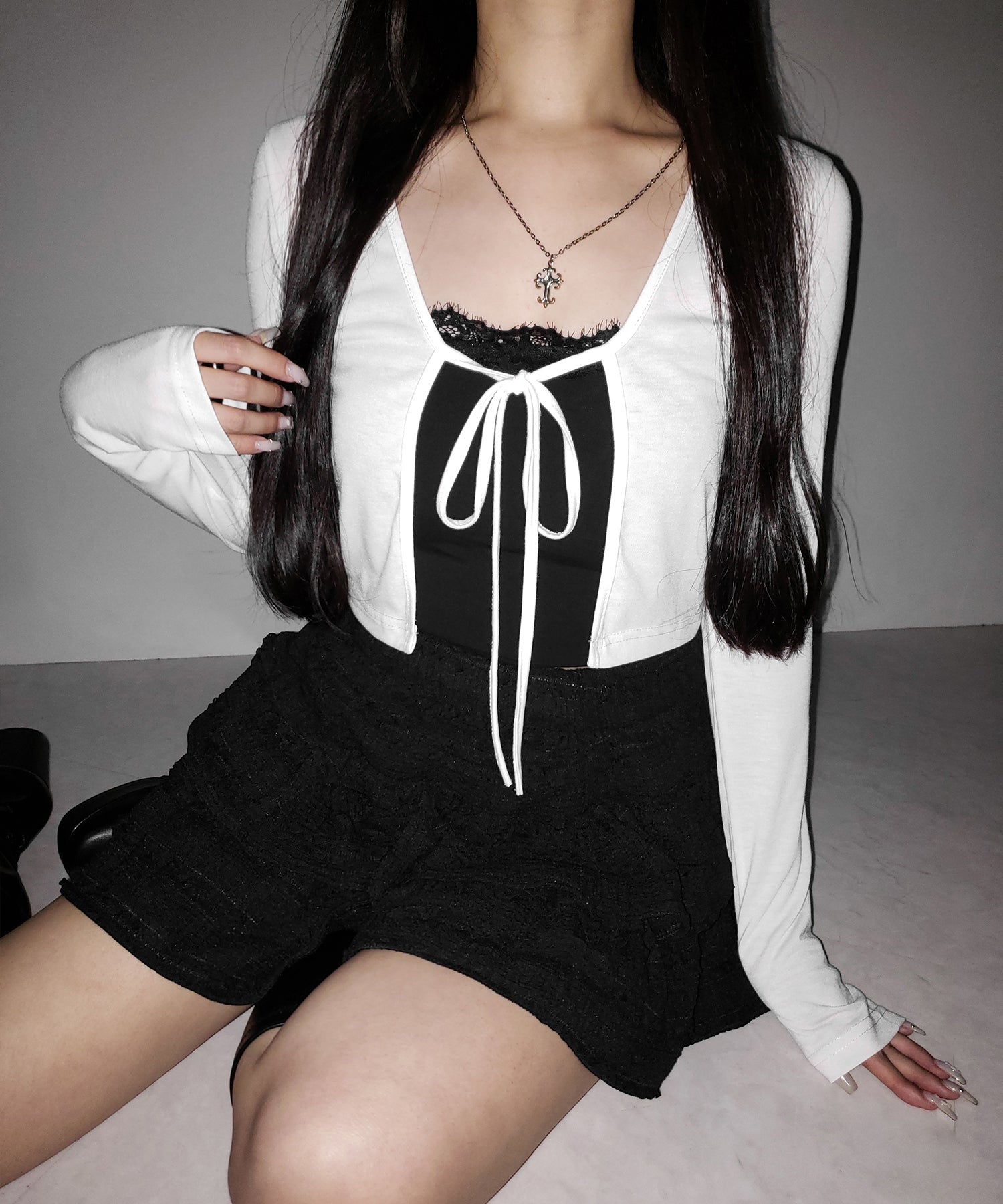 【 ２color 】フロントリボンカットソーショートカーディガン ／ front ribbon cutsew short cardigan