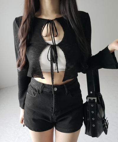 【 ２color 】ダブルリボンシアーニットショートカーディガン ／ double ribbon sheer knit short cardigan