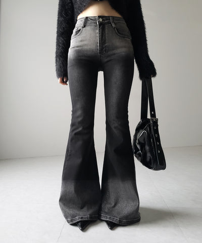 【４size 】ブリーチグラデーションストレッチブラックフレアデニム ／ bleach gradation stretch black flare denim