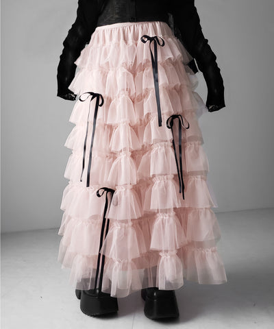 【 新色ピンク追加！／５color 】ストラップリボンバレエコアチュールスカート ／strap ribbon ballet core tulle skirt