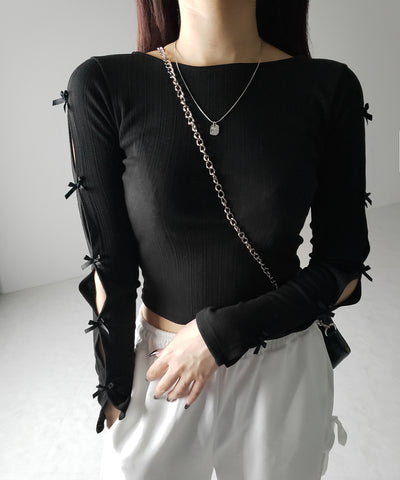 【 ２color 】ミニリボンカットアウト長袖カットソートップス